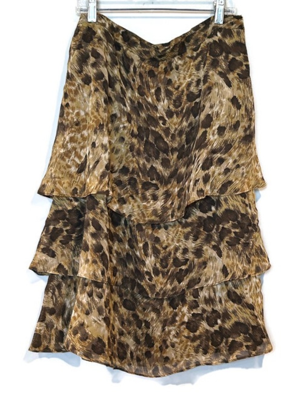 Vintage Y2K Silk Tiered Animal Print Fully Lined Skirt - Brown Leopard